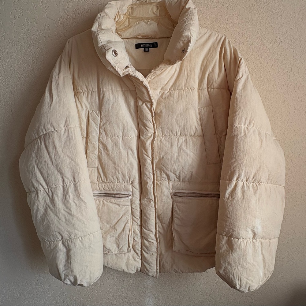 Missguided Light Beige Puffer Jacket w/ Button & Zipper Closure, Sz. 4